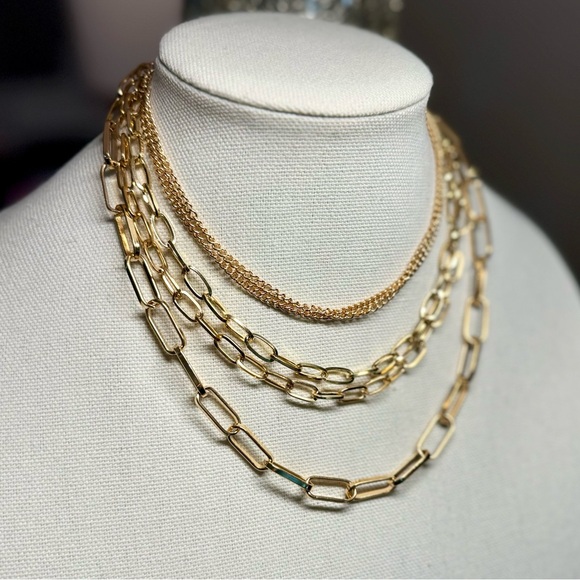 NEW! 14K Gold 5 Layered Paperclip Chains Choker Necklace Adjustable - Picture 5 of 15